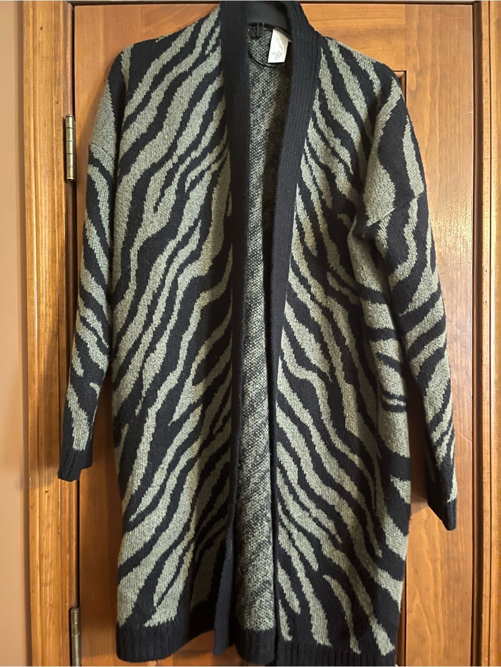 Zebra Print Open Front Cardigan in Black and Olive